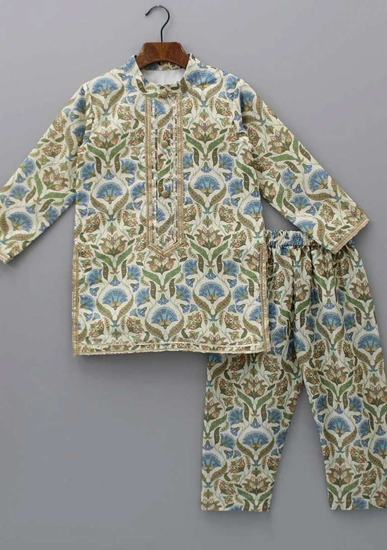 Multicolour Digital Print Cotton Silk Kurta Set Wedding Eid For Boys - Indya