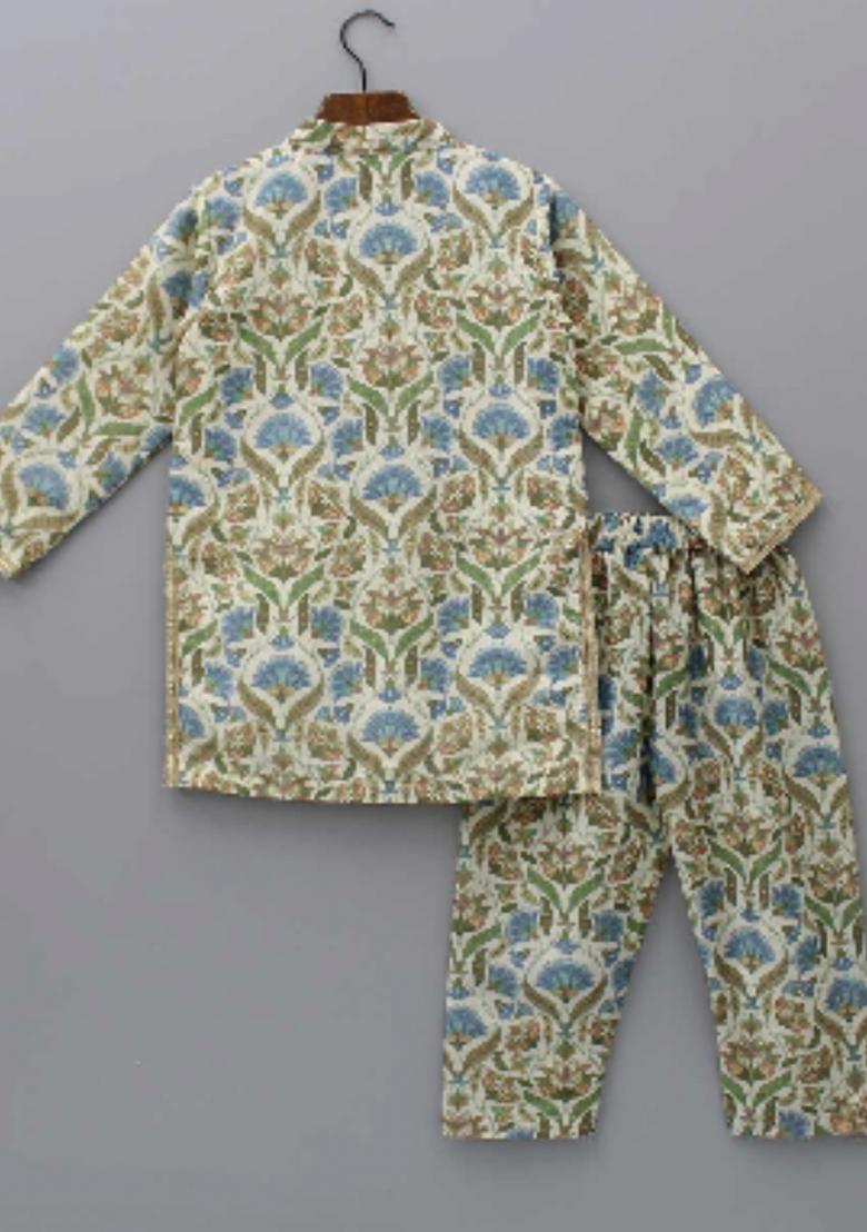 Multicolour Digital Print Cotton Silk Kurta Set Wedding Eid For Boys