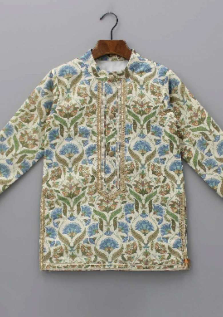 Multicolour Digital Print Cotton Silk Kurta Set Wedding Eid For Boys - Indya