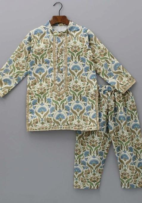 Multicolour Digital Print Cotton Silk Kurta Set Wedding Eid For Boys