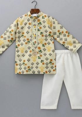 Beiege And Off White Digital Print Cotton Silk Kurta Set Wedding Eid For Boys