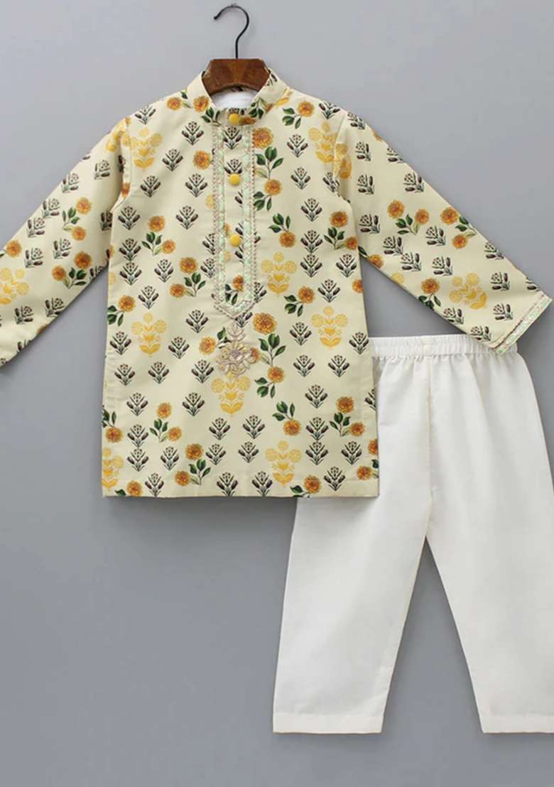 Beiege And Off White Digital Print Cotton Silk Kurta Set Wedding Eid For Boys - Indya