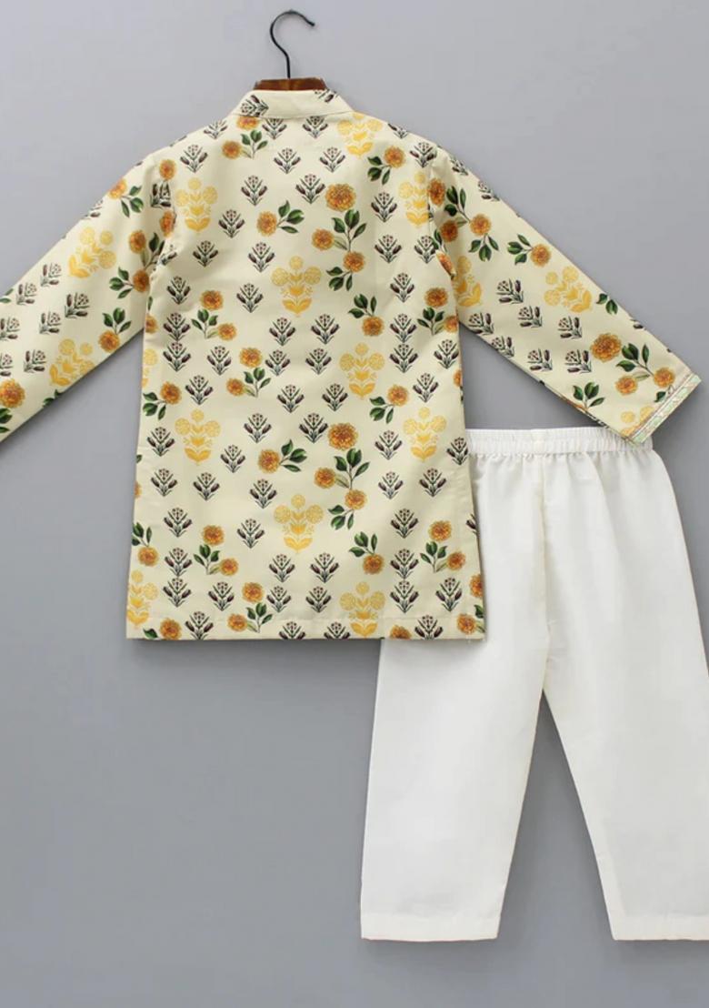 Beiege And Off White Digital Print Cotton Silk Kurta Set Wedding Eid For Boys