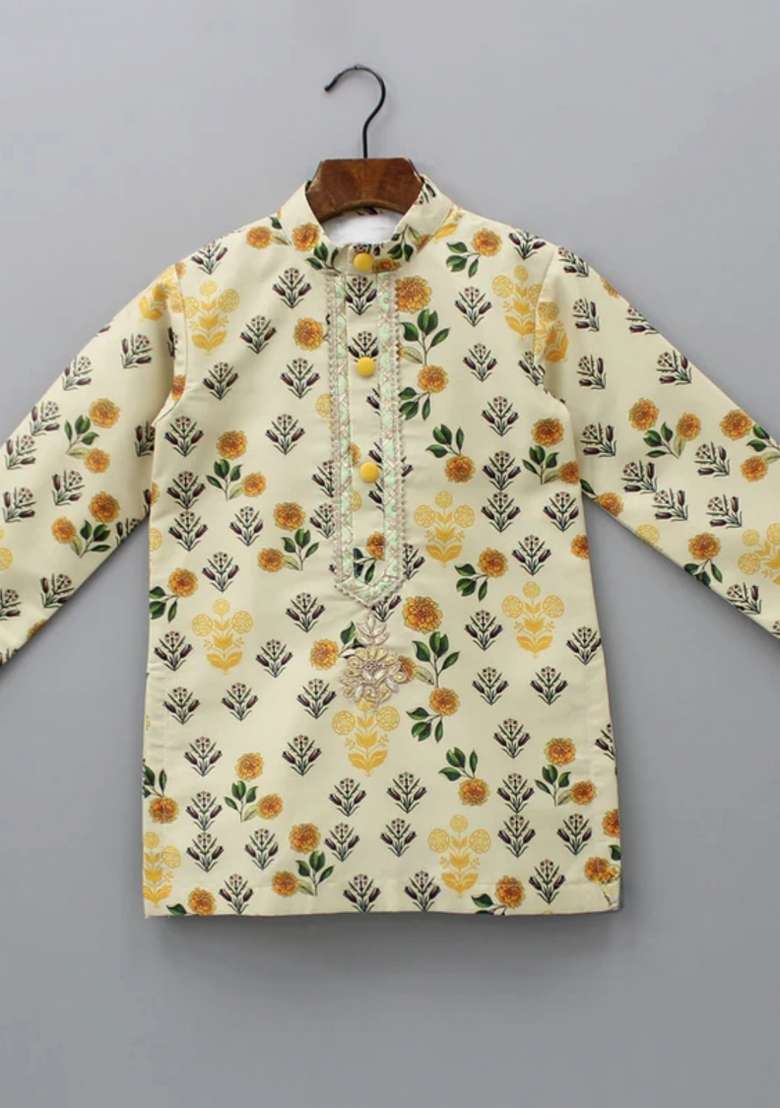 Beiege And Off White Digital Print Cotton Silk Kurta Set Wedding Eid For Boys - Indya