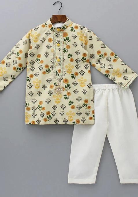 Beiege And Off White Digital Print Cotton Silk Kurta Set Wedding Eid For Boys