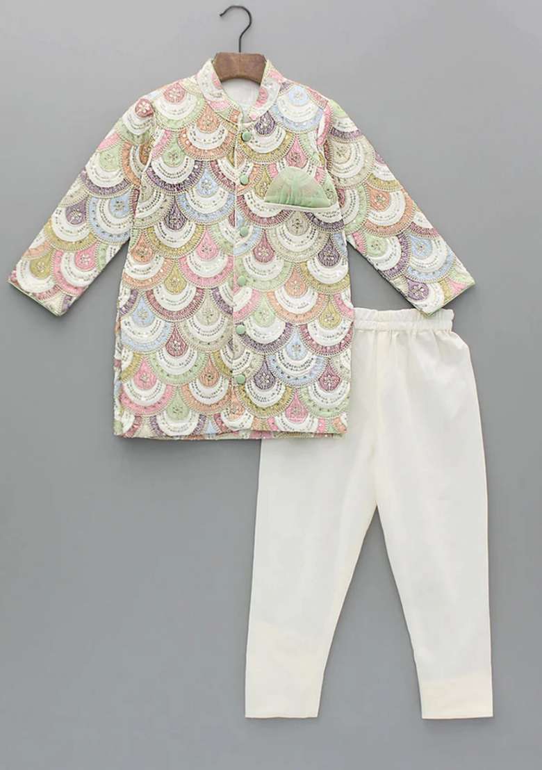 Offwhite Embroidered Georgette Bandhgala For Boys - Indya