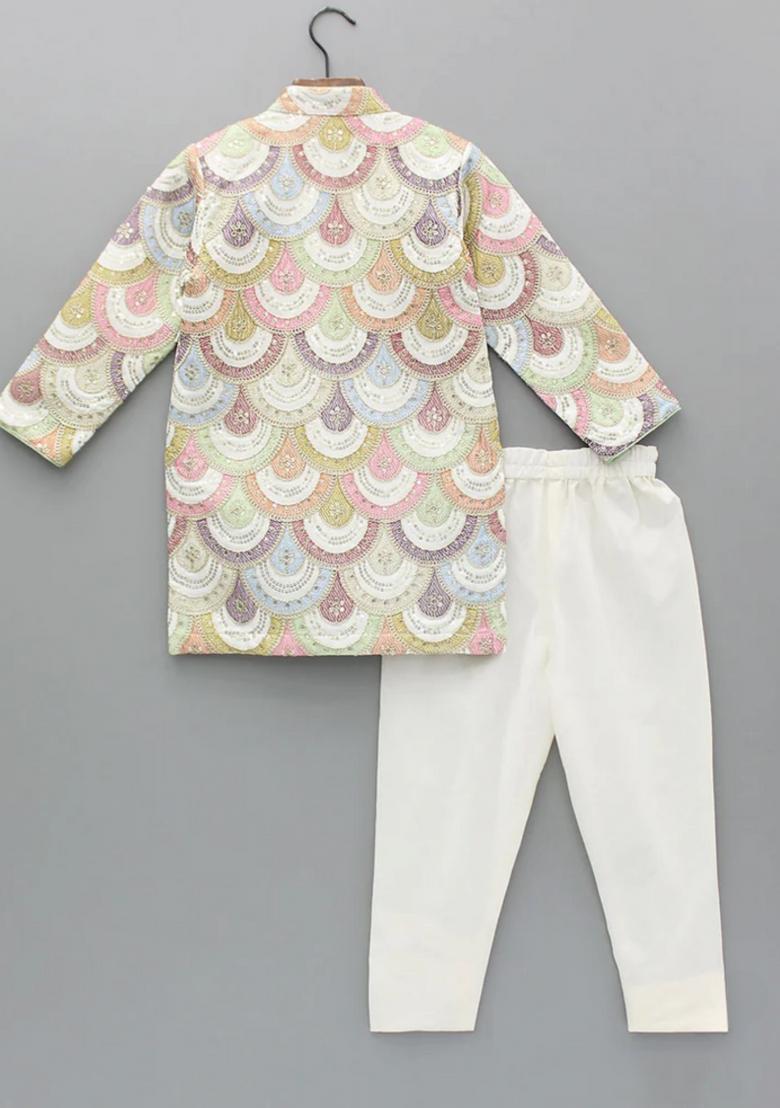 Offwhite Embroidered Georgette Bandhgala For Boys