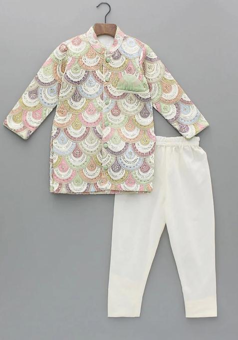 Offwhite Embroidered Georgette Bandhgala For Boys