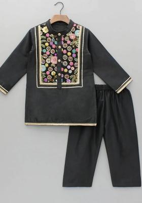 Black Embroidered Cotton Silk Kurta Set For Boys