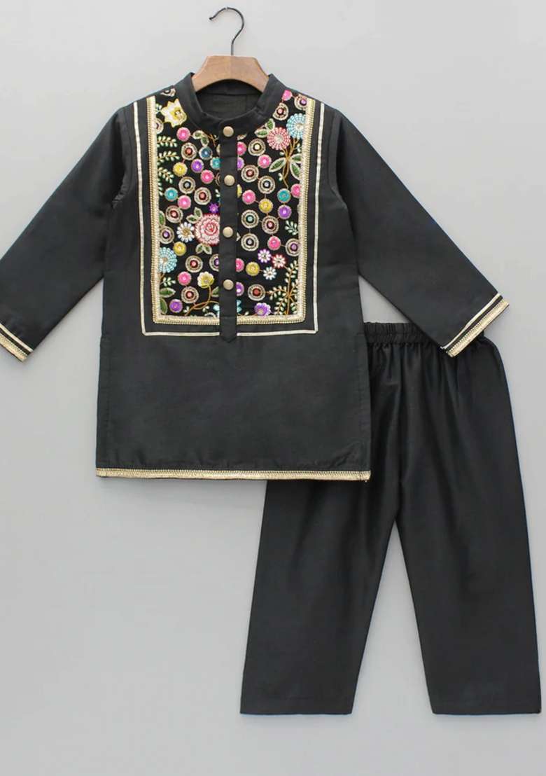 Black Embroidered Cotton Silk Kurta Set For Boys - Indya