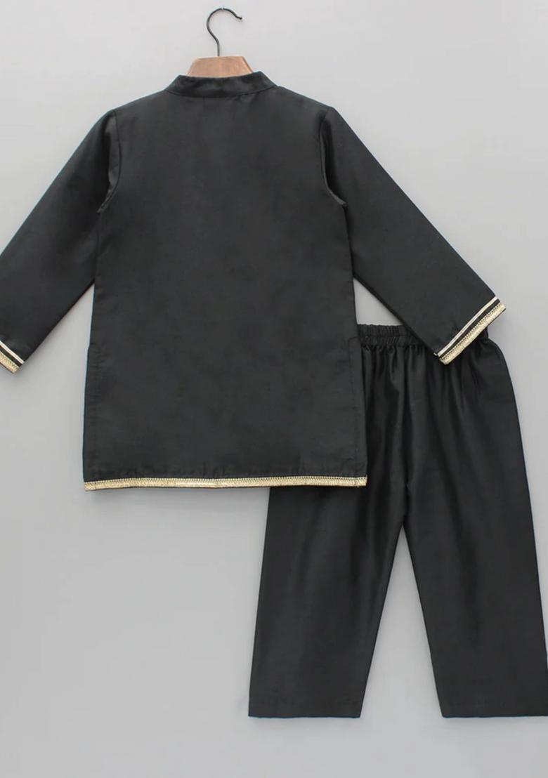 Black Embroidered Cotton Silk Kurta Set For Boys