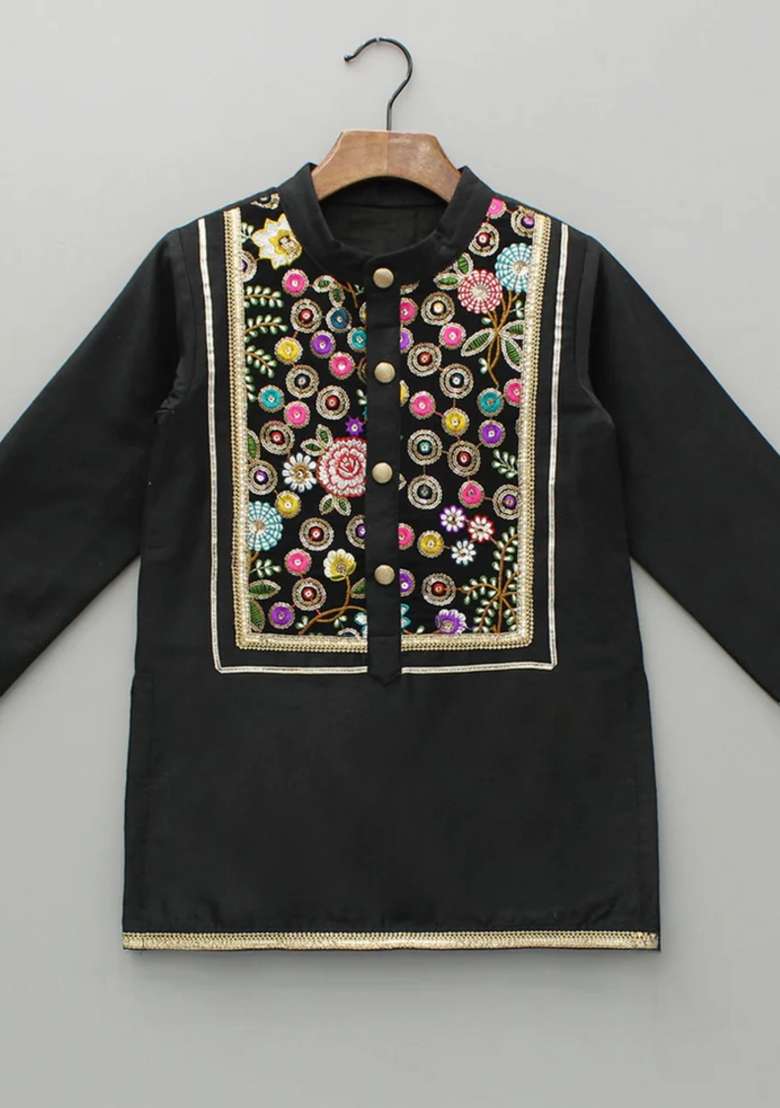 Black Embroidered Cotton Silk Kurta Set For Boys - Indya
