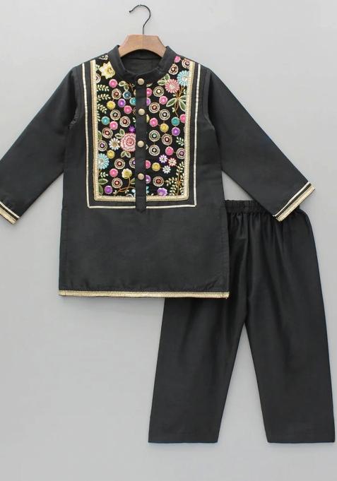 Black Embroidered Cotton Silk Kurta Set For Boys