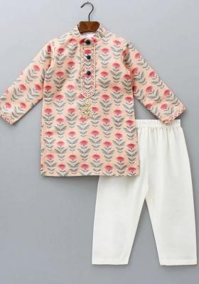 Peach Digital Print Cotton Silk Kurta Set For Boys