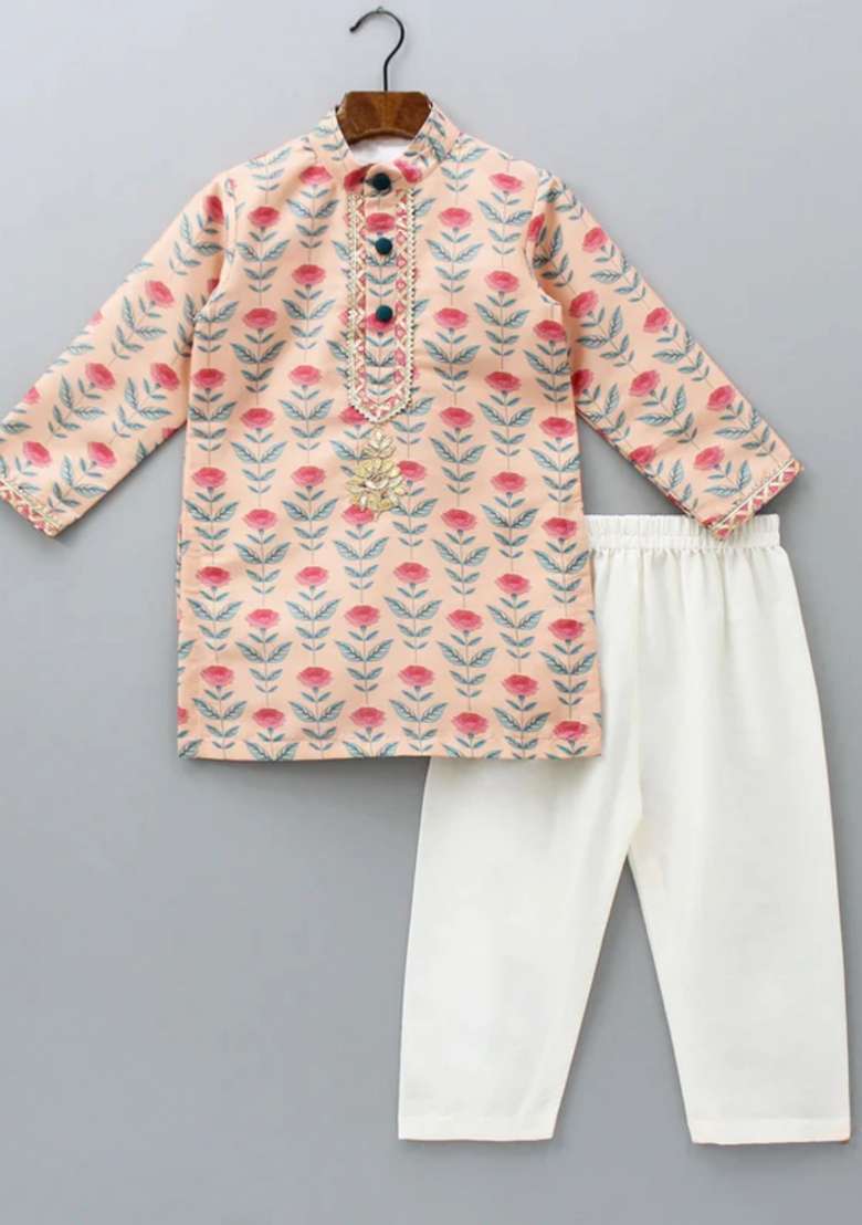 Peach Digital Print Cotton Silk Kurta Set For Boys - Indya