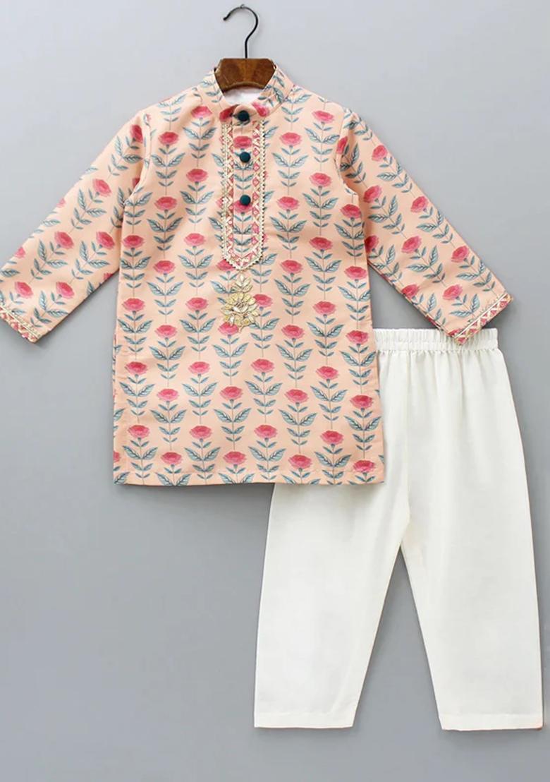 Peach Digital Print Cotton Silk Kurta Set For Boys