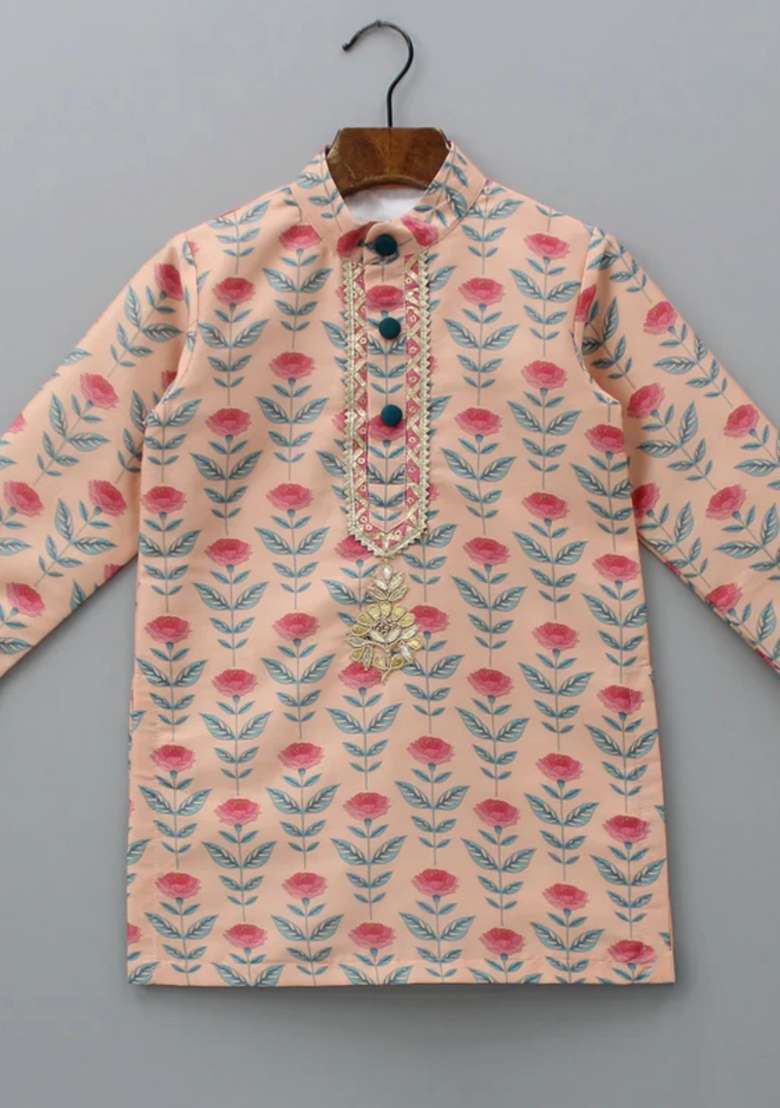 Peach Digital Print Cotton Silk Kurta Set For Boys - Indya