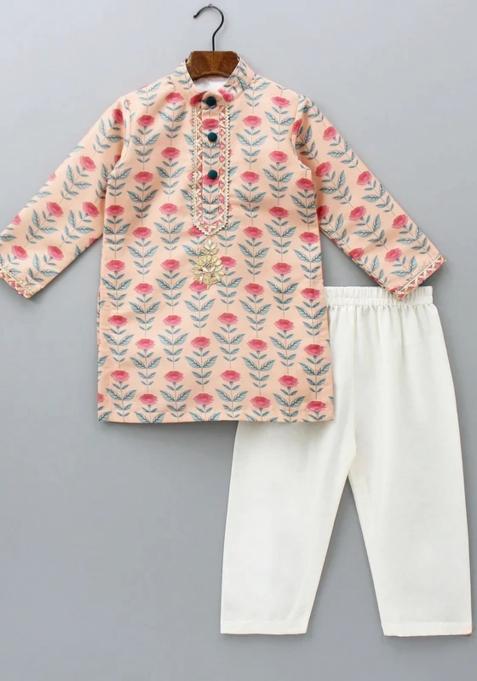 Peach Digital Print Cotton Silk Kurta Set For Boys