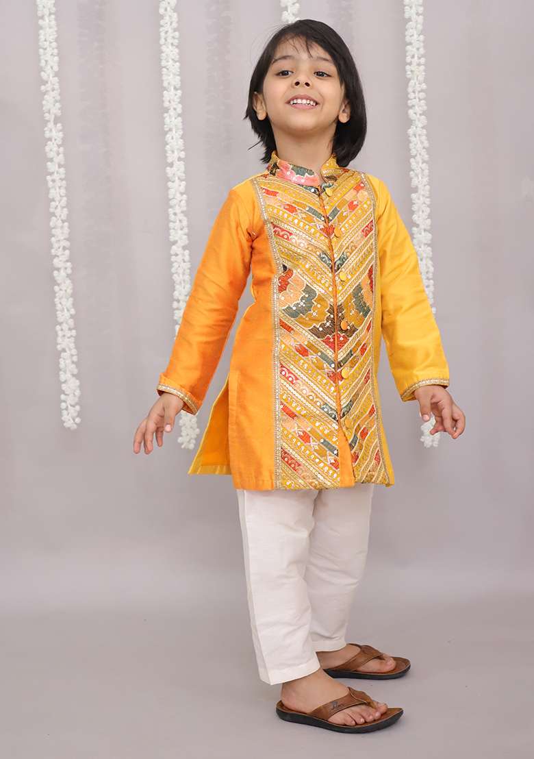 Orange Embroidered Cotton Silk Kurta Set For Boys - Indya