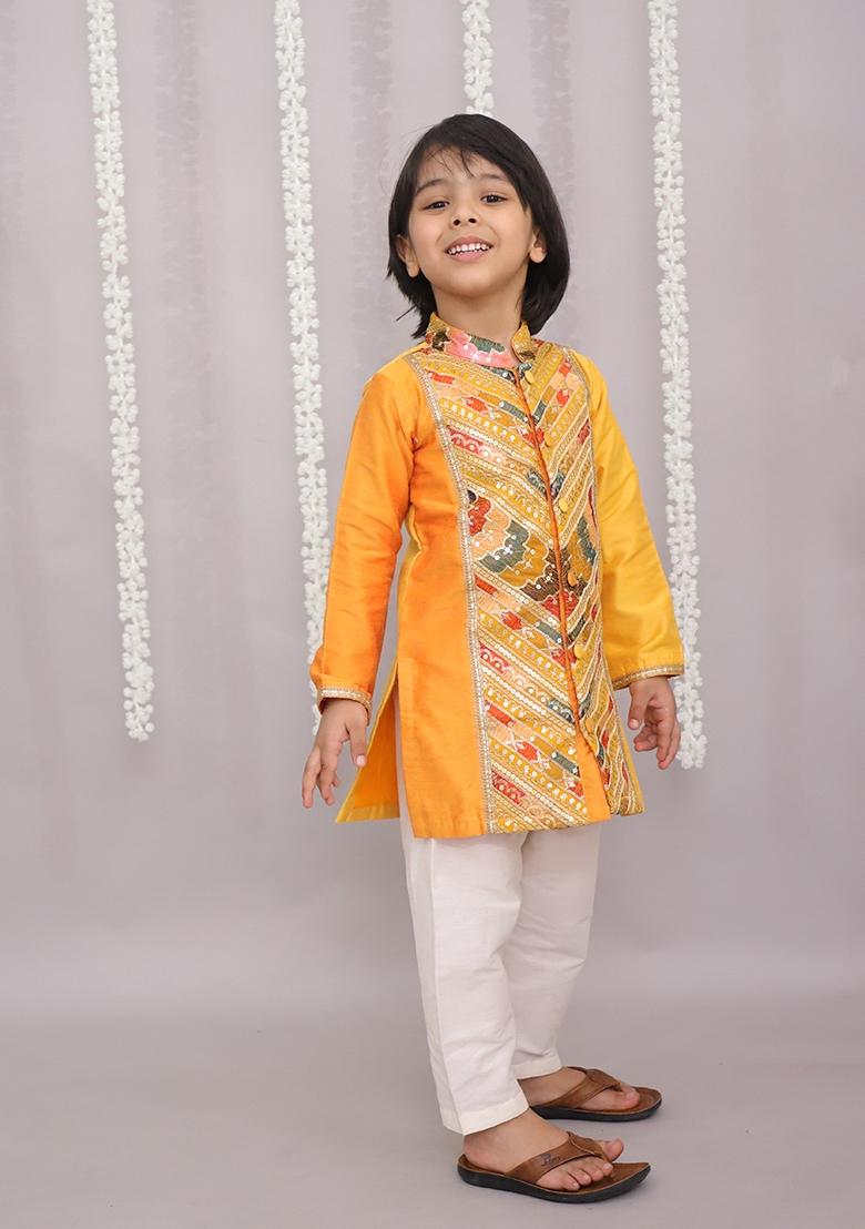 Orange Embroidered Cotton Silk Kurta Set For Boys