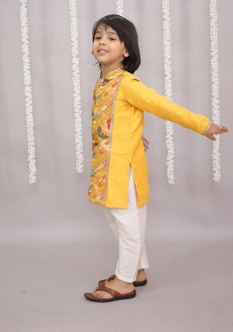 Orange Embroidered Cotton Silk Kurta Set For Boys - Indya