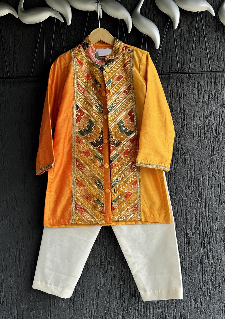 Orange Embroidered Cotton Silk Kurta Set For Boys