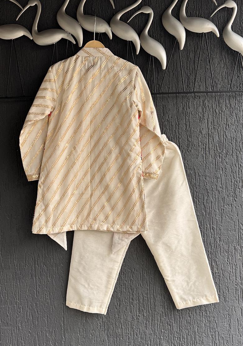 White Embroidered Georgette Kurta Set For Boys