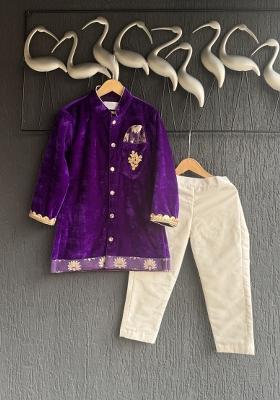 Purple Embroidered Velvet Kurta Set For Boys