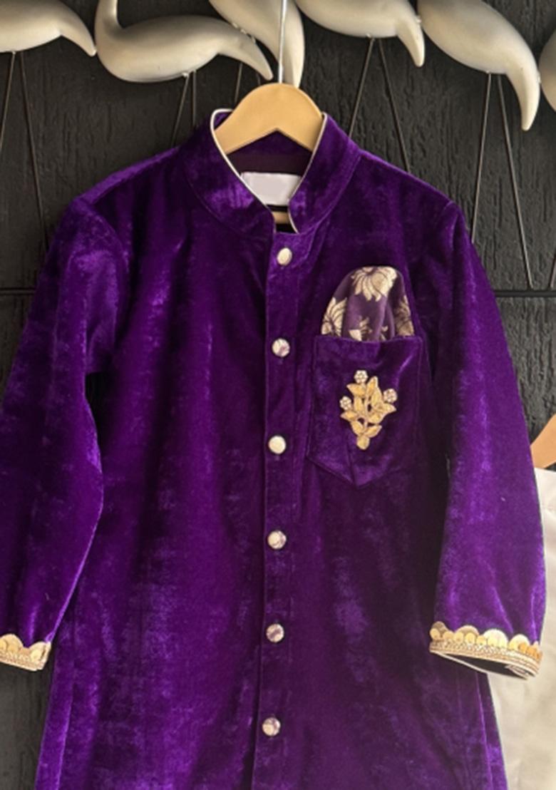 Purple Embroidered Velvet Kurta Set For Boys