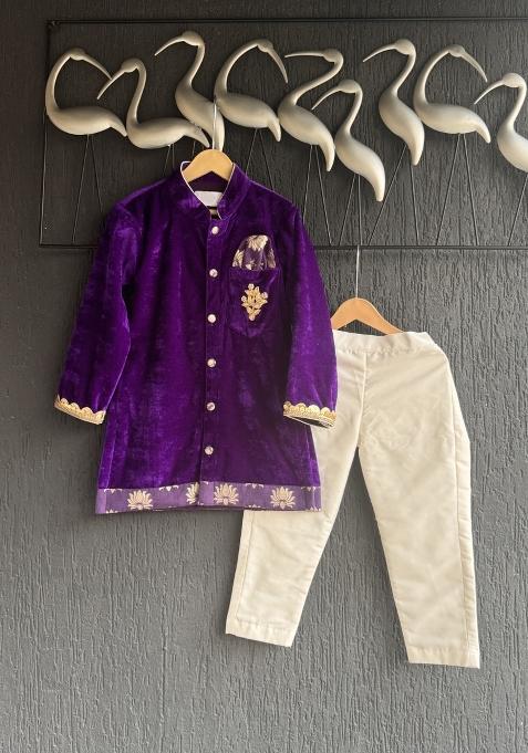 Purple Embroidered Velvet Kurta Set For Boys