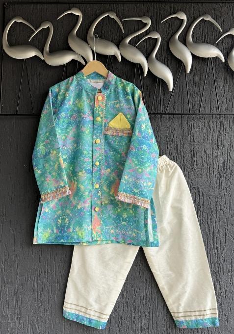 Bule Printed Cotton Silk Kurta Set For Boys