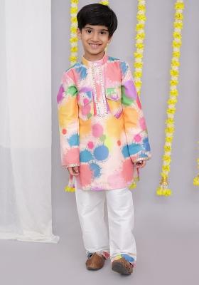 Multi Color Printed Cotton Silk Kurta Set For Boys