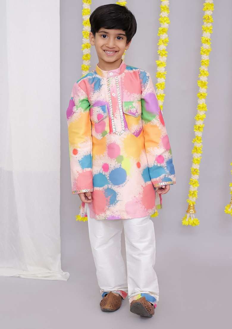 Multi Color Printed Cotton Silk Kurta Set For Boys - Indya