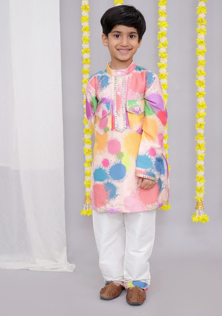 Multi Color Printed Cotton Silk Kurta Set For Boys
