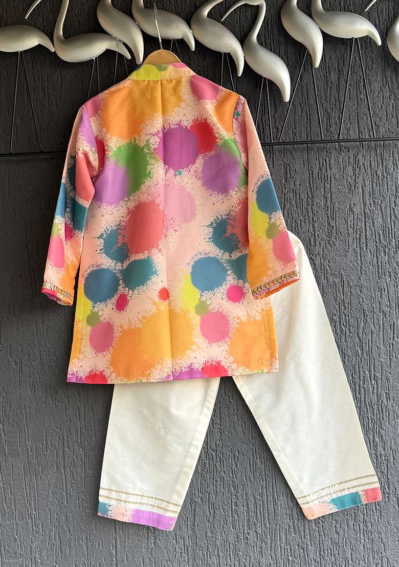 Multi Color Printed Cotton Silk Kurta Set For Boys - Indya