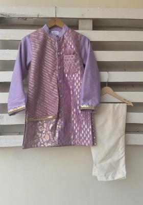 Purple Zari Cotton Silk Kurta Set For Boys