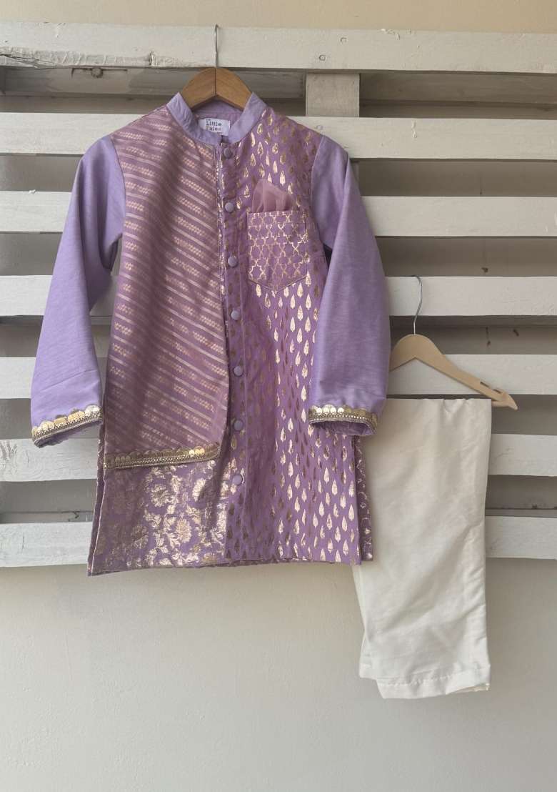 Purple Zari Cotton Silk Kurta Set For Boys - Indya