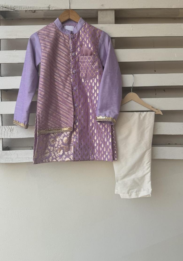 Purple Zari Cotton Silk Kurta Set For Boys