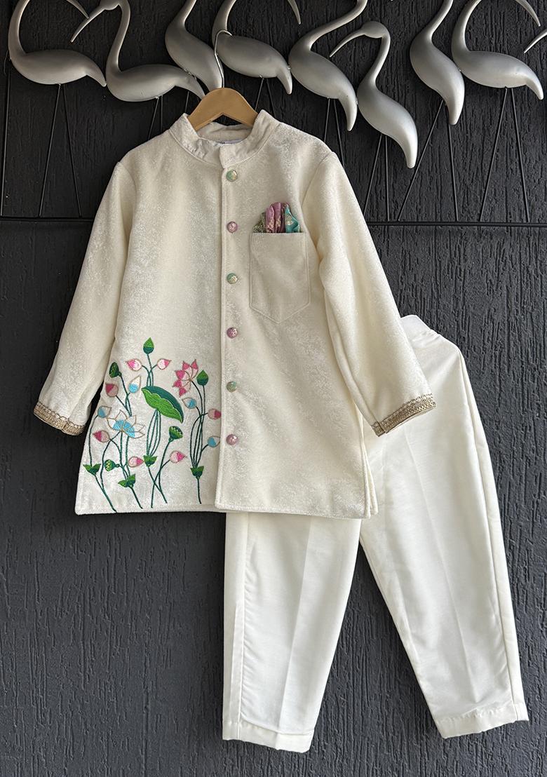 Off White Embroidered Cotton Silk Bandhgala For Boys
