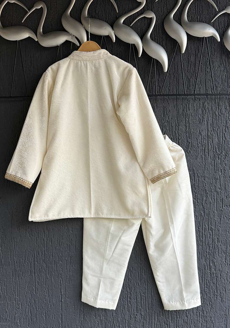 Off White Embroidered Cotton Silk Bandhgala For Boys - Indya