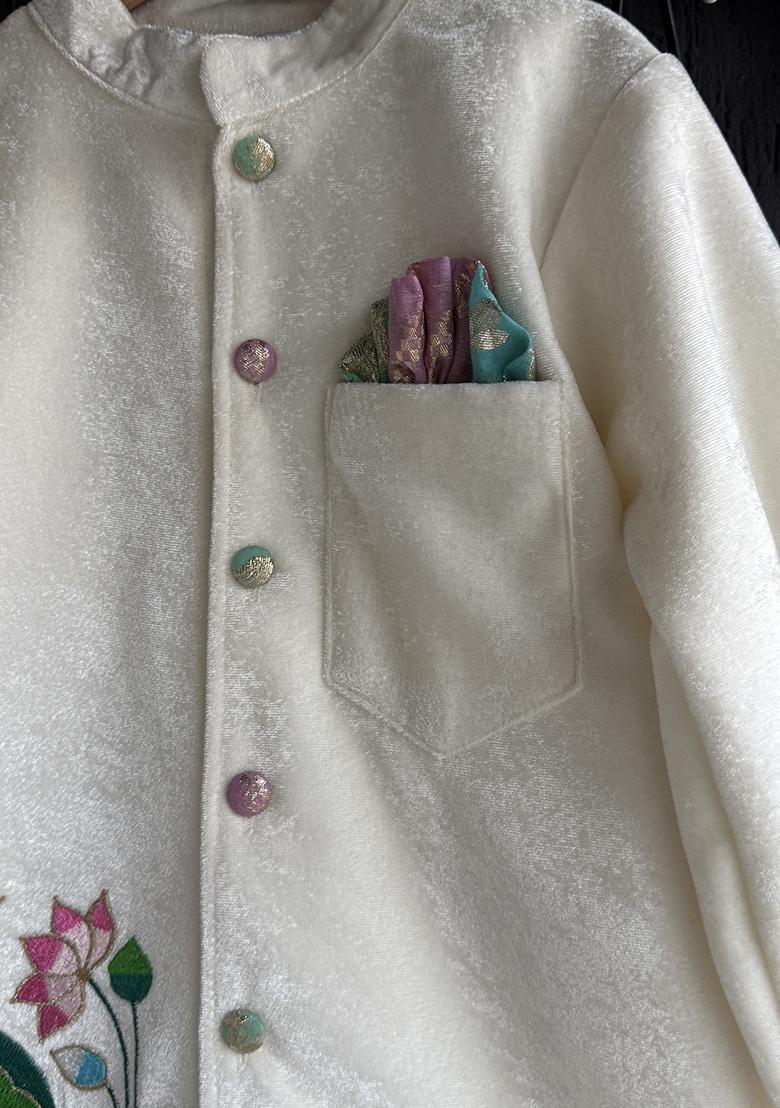 Off White Embroidered Cotton Silk Bandhgala For Boys