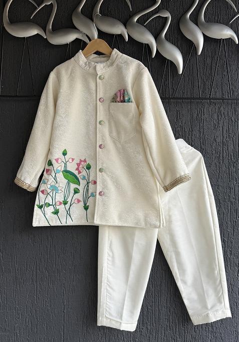 Off White Embroidered Cotton Silk Bandhgala For Boys