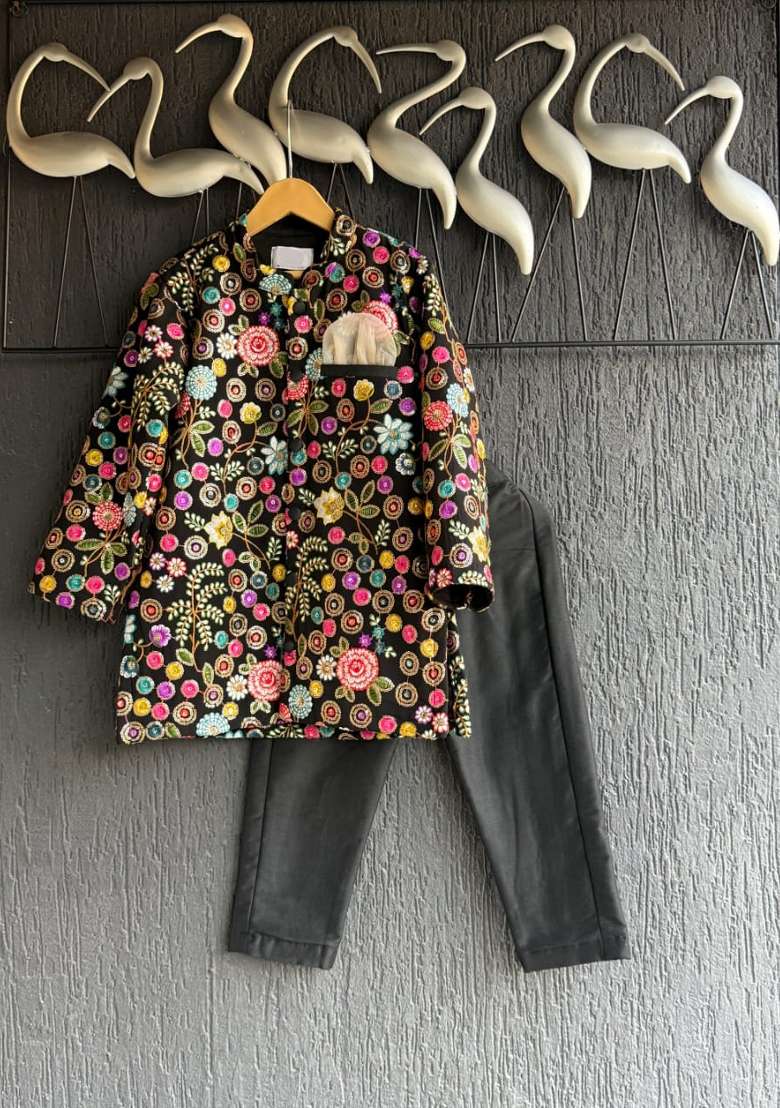 Black Embroidered Georgette Bandhgala For Boys - Indya