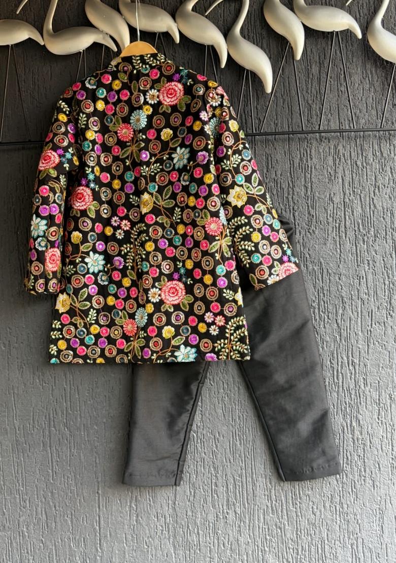 Black Embroidered Georgette Bandhgala For Boys