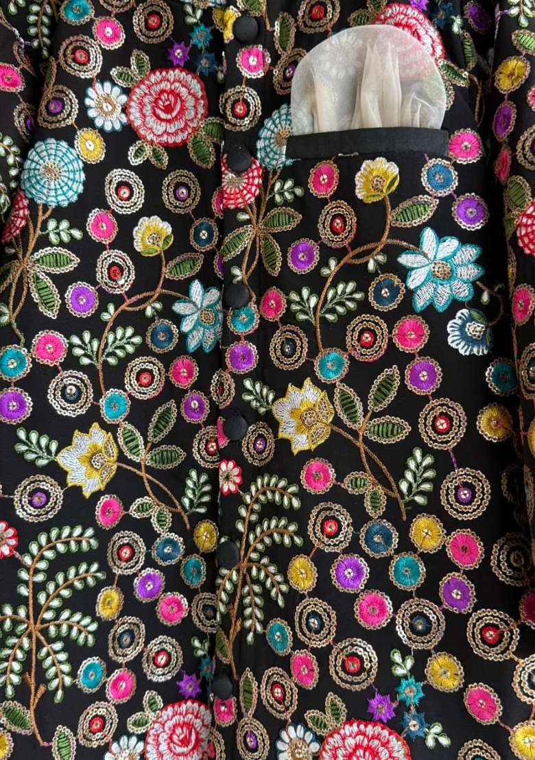 Black Embroidered Georgette Bandhgala For Boys - Indya