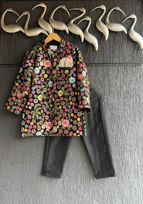 Black Embroidered Georgette Bandhgala For Boys