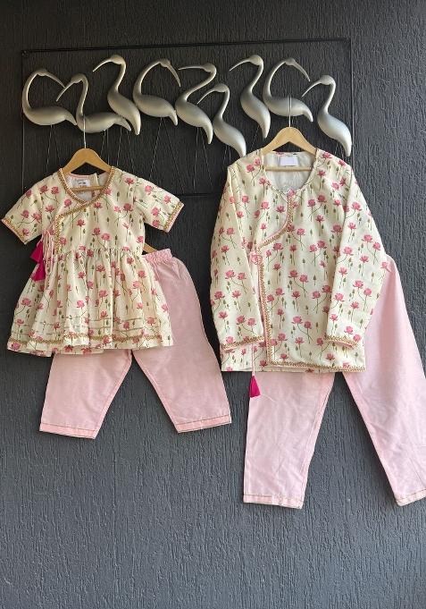 Off White Printed Cotton Silk Kurta Set For Boys