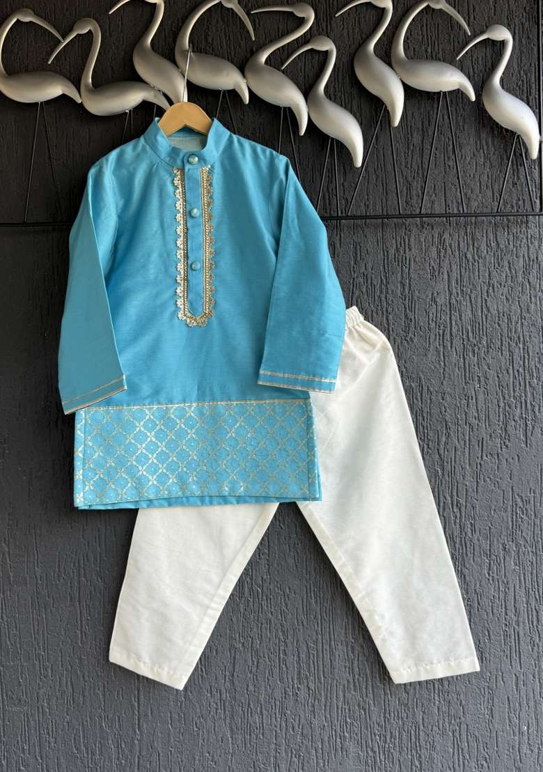 Off White Zari Cotton Silk Kurta Set For Boys - Indya