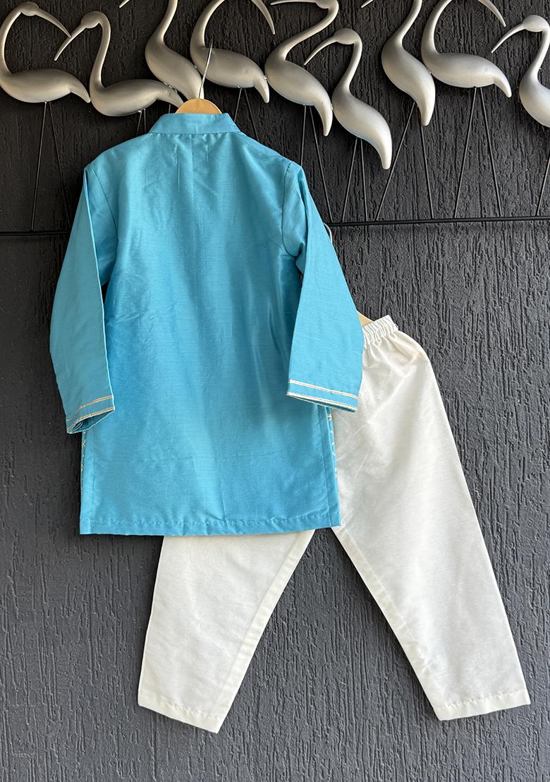 Off White Zari Cotton Silk Kurta Set For Boys