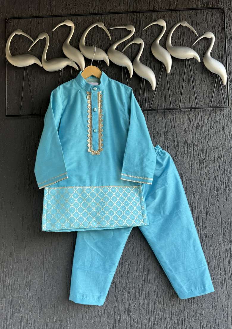 Off White Zari Cotton Silk Kurta Set For Boys - Indya